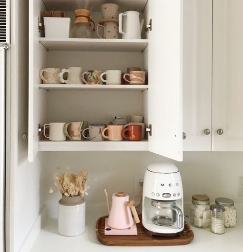 Mug Cabinet, Coffee Mug Storage, Mug Storage, Pour Over Kettle, Elsie Larson, Coffee Nook, Charming Kitchen, Inspiring Interiors, Popular Kitchens