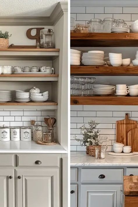 Transform your space with adorable DIY farmhouse kitchen cabinets and shelving! In this guide, you'll find easy step-by-step ideas to rejuvenate your kitchen effortlessly. Turn your cooking area into a cozy haven by making beautiful open shelves that not only store your kitchen essentials but also show off your decor. Perfect for fans of the farmhouse style, our tips will help you blend style and functionality without breaking the bank. Get inspired and let creativity lead you to a fantastic kitchen makeover! Open Shelves In Kitchen, Shelves In Kitchen, Shelving In Kitchen, Farmhouse Kitchen Makeover, Diy Farmhouse Kitchen, Step Ideas, Kitchen Cabinets Diy, Kitchen Diy Makeover, Farmhouse Kitchens