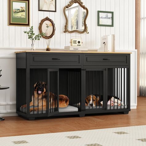 DAWNSPACES Large Dog Crate Furniture, 72" Wooden Large Dog Kennel with Drawers & Divider, Heavy Duty Indoor Dog Cage with Double Rooms for Large Medium Small Dogs, Black Large Dog Crate Furniture, Double Dog Crate, Small Dog Crate, Furniture Style Dog Crate, Heavy Duty Dog Crate, Wooden Dog Kennels, Wooden Dog Crate, Wooden Dog House, Dog Kennel Furniture