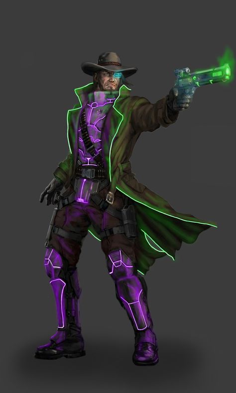 Green and purple lights gunslinger Old West cyberpunk RPG Cyberpunk Cowboy, Cowboy Gunslinger, Purple Lights, Cyberpunk Rpg, Space Fantasy, Cyberpunk Character, Purple Art, Old West, Anime Character Design