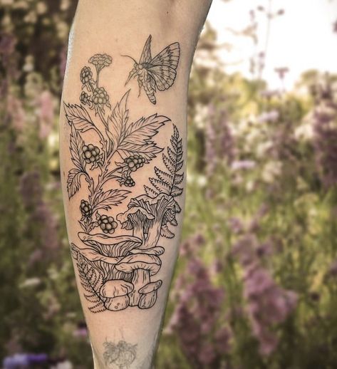 Whimsical Tattoos Arm, Mystical Garden Tattoo, Fairy Garden Tattoo Leg Sleeve, Whimsical Leg Tattoo, Woodsy Tattoos For Women, Nature Patchwork Tattoo Sleeve, Fairy Garden Tattoo Sleeve, Leg Sleeve Women, Woodland Tattoo Sleeve