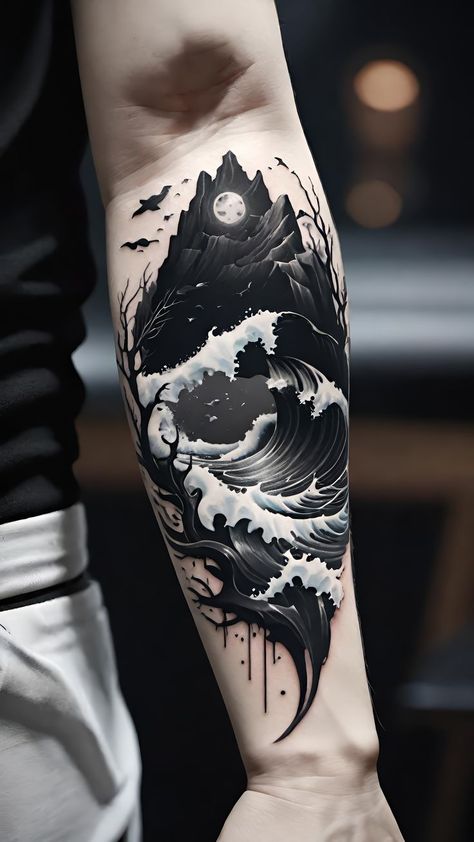 If you’re looking for tattoo inspiration, you might want to consider your personality type. Different tattoo designs can reflect different aspects of your character, such as your passions, values, beliefs, and goals. In this post, we’ll show you how to find the best tattoo design for your personality, based on some common categories and examples. Black And White Water Tattoo, Tattoo Ideas For Men Shoulder Sleeve, Stormy Sea Tattoo, Water Tattoo Men, Watercolor Animal Tattoo, Dark Tattoos For Men, Body Writing, Arm Cover Up Tattoos, Nature Tattoo Ideas