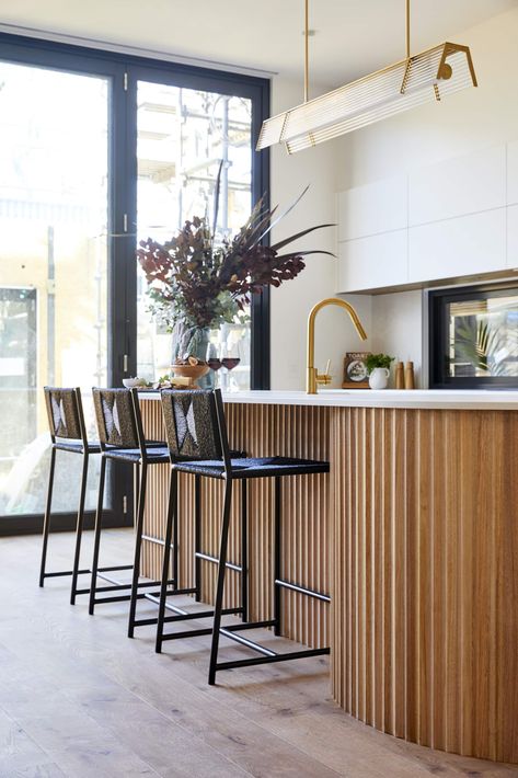 the block 2020 kitchens luke and jasmin curved timber island bench The Block Kitchen, Curved Kitchen Island, Curved Kitchen, Kitchen Island Bench, Contemporary Coastal, Kitchen Benches, Black Cabinets, Küchen Design, Kitchen Style