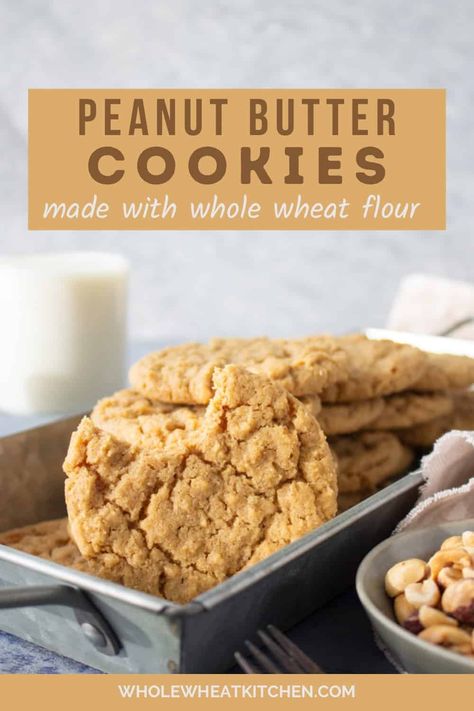 These soft and chewy whole wheat peanut butter cookies are the perfect treat for any occasion. They are great for holiday baking and cookie exchanges. Or for a picnic lunch dessert. They are easy to make in one bowl and no chilling required. Whole Wheat Peanut Butter Cookies, Whole Wheat Flour Cookies, Whole Wheat Cookie Recipes, Fresh Milled Flour Cookies, Cookies With Wheat Flour, Wheat Berry Bread Recipe, Wheat Flour Cookies, Health Baking, Berry Bread