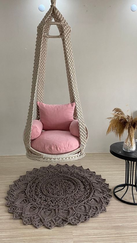 Pink cushioned macrame swing 25 colors, Hanging Chair, Hängesessel, Macrame Rocking Swing Chair, hanging chair indoor, chair hanging indoor 70 CM: FOR CHILDREN. 80 CM: FOR CHILDREN AND ADULTS. 90 CM: FOR ADULTS. The size of the swing in the picture is 90 cm. (RECOMMENDED BY STORE DEALER) 100CM: FOR ADULTS Just Cushion: Only cushions are purchased Just Swing: Only swing are purchased. Swing&Cushion: Only swing and cushion are purchased. Macrame Swing chair Perfect for any room - with a good book, Hanging Chair Indoor, Balloon Chandelier, Garden Hammock, Macrame Swing, Cute Bedroom Ideas, Accent Wall Bedroom, Indoor Chairs, Girl’s Room, Swing Chair