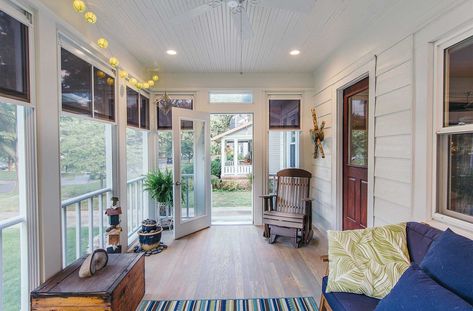 Front Porch Project: Creating a Simply Sweet, Three-Season Sun Porch 3 Season Front Porch Ideas, Farmhouse Enclosed Porch Ideas, Enclosing A Front Porch, Enclosing Front Porch, Closed In Front Porch, Front Porch Bungalow, Sun Porch Ideas Enclosed, Enclosed Mudroom, Front Porch Windows