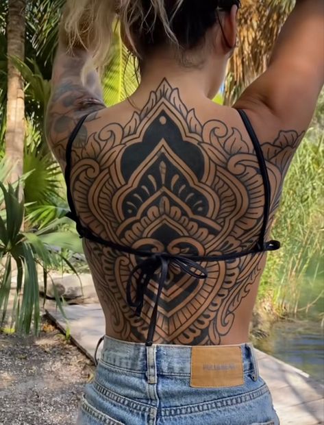 Upper Back Mandala Tattoo For Women, Full Lower Back Tattoos For Women, Women’s Back Tattoos Big, Woman Full Back Tattoo Ideas, Japanese Style Back Tattoos For Women, Neo Trad Back Tattoo, Full Back Tattoo Mandala, Woman Back Piece Tattoo, Women’s Tattoo Back Piece