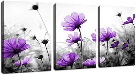 Purple Wildflowers, Purple Wall Art, Canvas Background, Flower Canvas Wall Art, Bedroom Artwork, Flowers Wall Art, 3 Piece Canvas Art, Purple Walls, Black And White Background