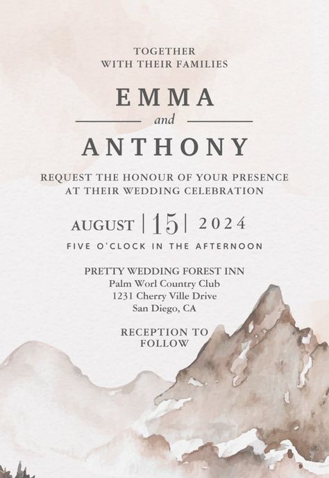 Mountains Design, Wedding Invitation Templates Rustic, Mountain Wedding Invitations, Rustic Wedding Invitations, Rustic Watercolor, Watercolor Mountains, Mountain Designs, Brunch Ideas, Bridal Brunch