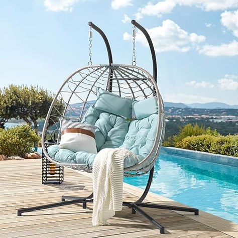 2 Person Double Egg Swing Chair with Stand Indoor Outdoor, Patio Wicker Rattan Hanging Egg Chair w/Cushion, Pillow, Foldable Hammock Chair 550lbs for Bedroom, Balcony, Garden (Light Blue) Bedroom Hammock Chair, Egg Shaped Chair, Indoor Outdoor Patio, Basket Chair, Patio Sets, Hanging Egg Chair, Patio Storage, Bedroom Balcony, Garden Light