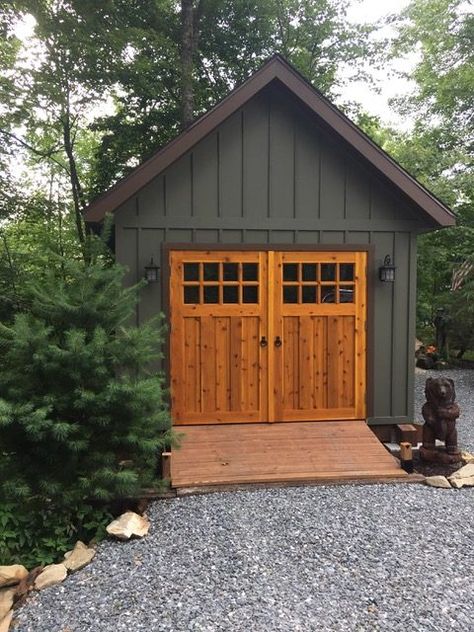 One of the products we offer are Custom Built REAL Swinging Carriage Doors Designed to fit your existing Finish Framed Opening using Exterior Strap Hinges or let us provide a Traditional Frame with Butt Hinges and Qlon Weather Strip. We are a proud Distributor of Acorn Manufacturing Hinge and Iron Products. Made right here in... Wood Garden Shed, Double Shed Doors How To Build, Workshop Exterior Design, Colorful Shed Ideas, Wood Shed Doors, Shed Exterior Colors, Shed Doors Designs, Shed Door Design Ideas, Woodshed Plans