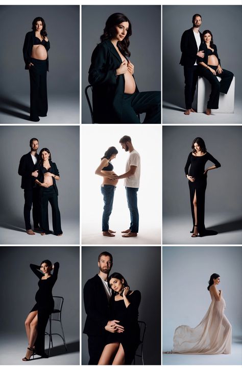 Elegant Maternity Shoot With Family, Maternity Photography Minimalist, Maternity Photo Studio Ideas, Maternity Shoot Ideas Indoor Studio, Maternity Couple Poses Studio, Maternity Photo Shoot Ideas Couples Studio, Maternity Self Photo Studio, In Studio Maternity Session Couple, Celebrity Pregnancy Photoshoot