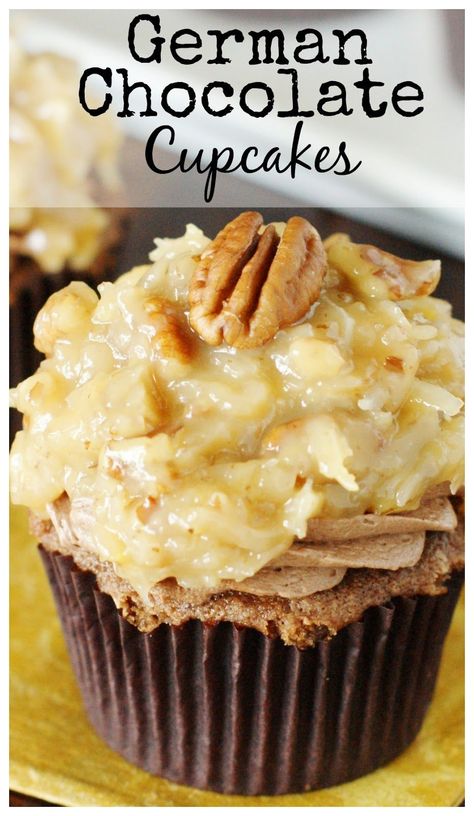 A delicious mix of chocolate cake, scrumptious chocolate frosting, and ooey-gooey coconut-pecan topping in every bite! Creamy Chocolate Frosting, Frost Cupcakes, German Chocolate Cupcakes, Coconut Pecan Frosting, Coconut Frosting, Cupcake Recipes Chocolate, Coconut Pecan, Rich Chocolate Cake, German Chocolate Cake