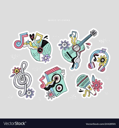 Guitar Headphones, Party Sketch, Music Doodle, Hippie Music, Doodle Stickers, Music Stickers, Festival Concert, Stickers Set, Treble Clef