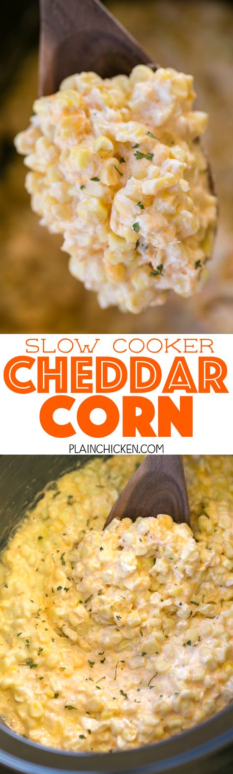 Slow Cooker Cheddar Corn - this stuff is AMAZING!! Just dump everything in the slow cooker and let it work its magic! Frozen corn, cream cheese, cheddar cheese, butter, heavy cream, salt and pepper. Great side dish for a potluck! There is never any left! Such an easy side dish recipe!! Corn Cream Cheese, Cheddar Corn, Corn Cream, Cheese Cheddar, Diy Easy Recipes, Crockpot Dinners, Dinner Side, Cheese Butter, Simple Meals