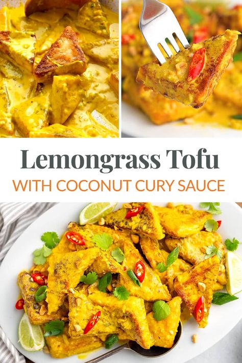 This lemongrass tofu recipe is mouthwateringly aromatic and flavourful. Tofu is seasoned and pan-fried to crispy, then tossed in a creamy lemongrass coconut curry sauce. Served over rice, noodles or with stir-fried veggies, this tofu curry will become your new favourite vegetarian dinner. Gluten-free and vegan-friendly. via @irena_macri Tofu Coconut Curry, Lemongrass Tofu, Lemongrass Recipes, Fried Veggies, Tofu Curry, Coconut Curry Sauce, Recipes Authentic, Tofu Recipe, Tofu Dishes