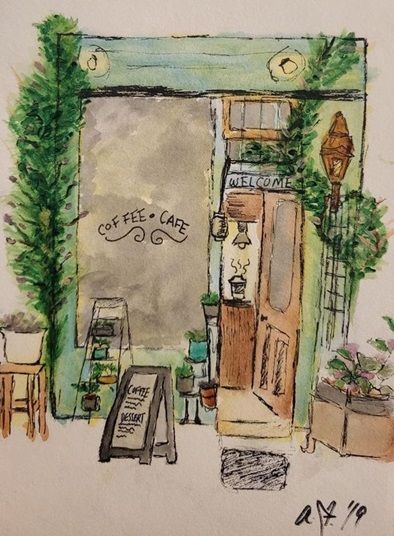 Cafe Watercolour Painting, Cafe Urban Sketch, Book Cafe Drawing, Aesthetic Coffee Painting, Coffee Shop Watercolor Painting, Coffee Bar Drawing, Coffee Shop Painting Ideas, Coffee Inspired Art, Cafe Paintings Art Coffee Shop