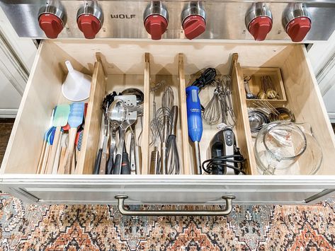 I love using the Bamboo Deep Drawer Dividers to keep my baking and cooking utensils organized like with like. Deep Drawer Organization Kitchen, Deep Kitchen Drawer Organization, Drawer Organization Kitchen, Organizers For Clothes, Knife Drawer Organizer, Deep Drawer Organization, Cooking Utensil Organization, Spring Cleaning List, Kitchen Drawer Organizers