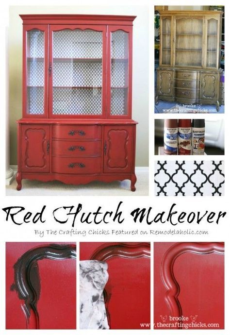 Red hutch makeover | from Remodelaholic --- Amazing china cabinet transformation! This is very similar to my china hutch. I love the red! Red Hutch, China Hutch Decor, Redo Cabinets, Hutch Makeover, Hutch Decor, China Hutch, China Furniture, Furniture Rehab, Refurbished Furniture