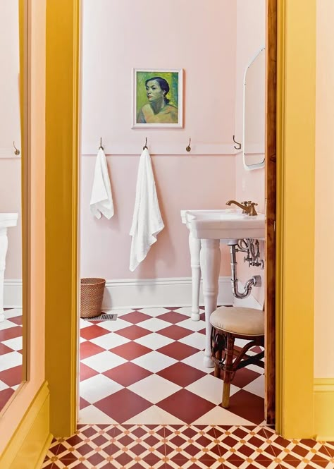 Accent Ceiling Bathroom, Checkered Flooring, Avon Ideas, Airbnb Design, Bathroom Storage Solutions, New Orleans Homes, Emily Henderson, Design Rules, Girls Bathroom