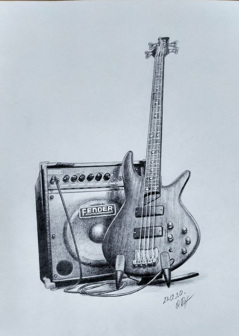 Realistic Guitar Drawing, Bass Guitar Art Drawing, Rock Music Drawing, Guitar Player Drawing, Bass Guitar Drawing, Guitar Art Drawing, Music Drawings Ideas, Guitarist Sketch, Bass Sketch