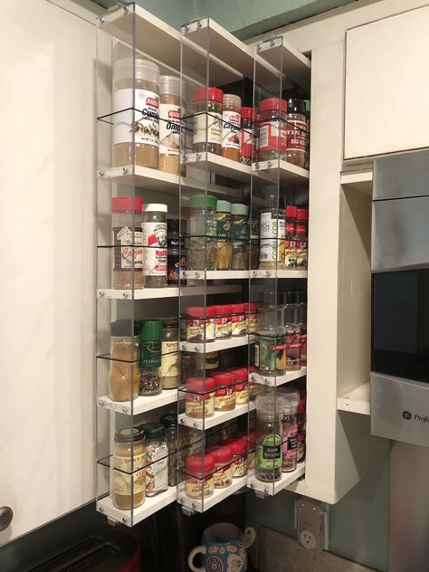 Custom Spice Cabinet, Upper Cabinet Organization Kitchen, Narrow Kitchen Cabinet Storage Ideas, Narrow Upper Kitchen Cabinet Ideas, Kitchen Spice Cabinet Organization, Upper Cabinet Spice Storage, Upper Cabinet Spice Rack, Spice Cabinet Ideas, Small Spice Cabinet