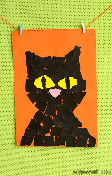 Black Cat Torn Paper Art, such a fun idea for little cat lovers. Halloween Cat Crafts, Construction Paper Crafts For Kids, Paper Art Ideas, Torn Paper Art, Construction Paper Art, Witches Cat, Mosaic Collage, Link Halloween, Halloween Art Projects