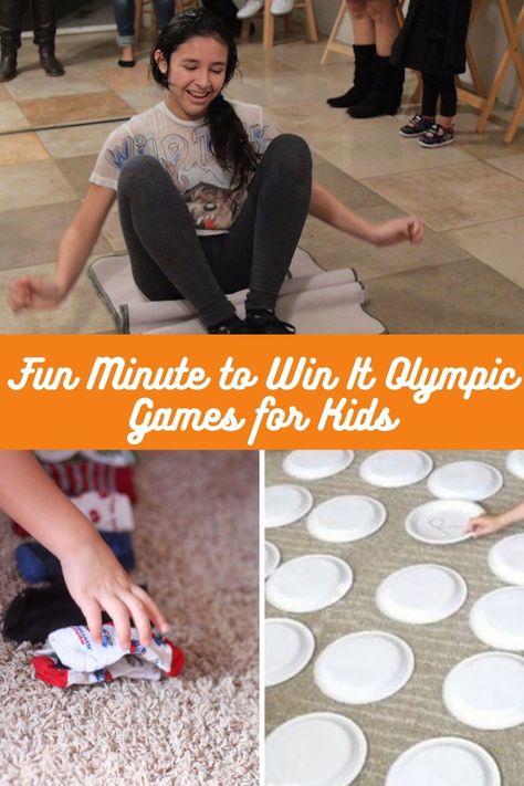 Minute to Win It Olympic Games for Kids - Fun Party Pop Kid Olympic Games, Family Olympic Games Indoor, Olympic Themed Activities, Olympic Party Games, Relay Games For Kids, Summer Olympics Activities, Family Olympics, Office Olympics, Olympic Theme Party