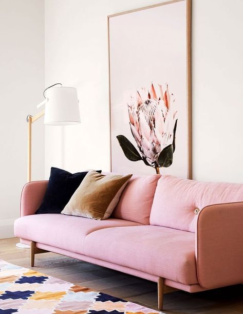 Rosa Sofa, Pink Living Room Decor, Pink Couch, Apartment Living Room Design, Pink Living Room, Pink Sofa, The Design Files, A Living Room, Apartment Living Room