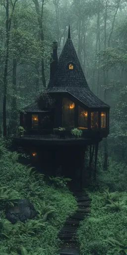 ↑↑↑ Larger size on website 🔸 A dark wooden cabin with a conical roof stands tall in a misty forest. The cabin has large windows w Cabin In The Woods Aesthetic, Haunted House Pictures, Cabin Aesthetic, Wooden Cabin, Creepy Houses, House Pictures, Forest Cabin, Dark Green Aesthetic, Wooden Cabins