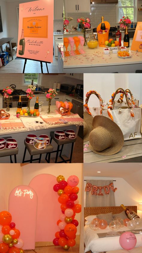 Bachelorette theme, last rendez veuve, veuve before vows, veuve Clicquot, hamptons, bachelorette party, trendy theme Veuve Clicquot Party Decor Ideas, Orange And Pink Hen Party, Veuve Before Vows Bachelorette Decor, Veuve Clicquot Theme Party, Veuve Cliquot Theme Party, Orange Bachelorette Theme, Napa Bachelorette Party Ideas, Vueve Champagne Bachelorette, Bachelorette Veuve