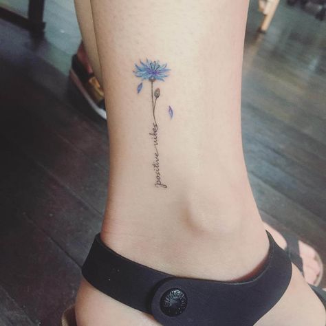 Dainty Blue Flower Tattoo, Happiness Tattoos For Women, Cornflower Tattoo Minimalist, Flower With Quote Tattoo, Blue Cornflower Tattoo, Als Tattoo Ideas, Flower Script Tattoo, Flower Quote Tattoo, Cornflower Tattoo