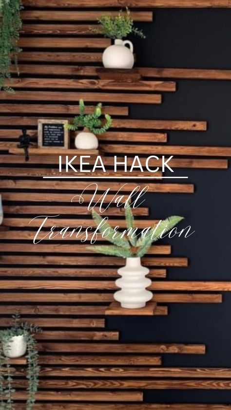 Ikea Hacks and Inspo | Elevate your wall with black paint, wooden slats and a touch of greenery! 🤗💫🌿 @riahanne shows us how to turn your bland wall to bold! 😃… | Instagram Wooden Slat Wall Decor, Wall Slats With Shelves, Diy Slat Accent Wall, Wood On Black Wall, Slat Furniture Diy, Wooden Slat Wall With Shelves, Green Wall With Slats, Horizontal Wood Wall Interior, Wood Slat Accent Wall Ideas