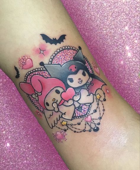 My Melody And Kuromi Tattoo, Sanrio Tattoo Ideas, Tattoos Paw Print, Kuromi Tattoo, Unique Tattoos Black Women, Kuromi And My Melody, My Melody And Kuromi, Melody And Kuromi, Vintage Halloween Cards