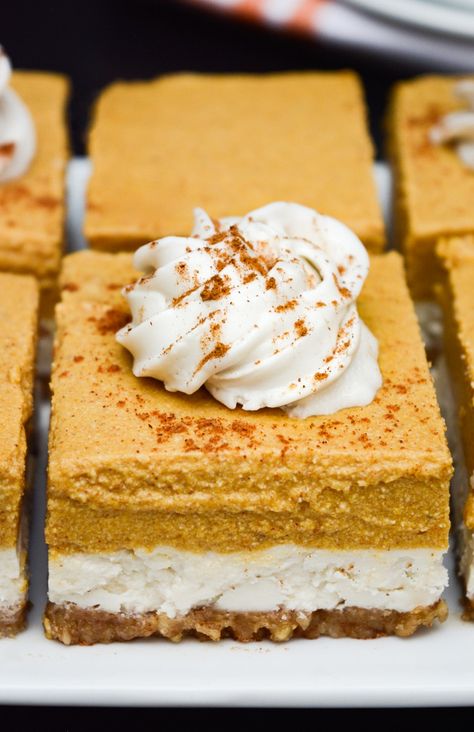 Vegan Pumpkin Cheesecake Bars (no-bake) | Where You Get Your Protein - Vegan Recipes Vegan Pumpkin Cheesecake, Lite Meals, Coconut Whip, Walnut Crust, Pumpkin Cheesecake Bars, No Bake Pumpkin Cheesecake, Vegan Cheesecake Recipe, Winter Meals, Pumpkin Cheesecake Recipes