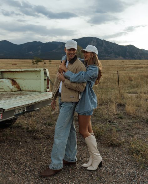 Western Love Story Pt.2 🤍✨ #engagementphotos In honor of our engagement we had to launch a Wedding Trucker Hat — introducing Vintage Vow Club 💍 Couples Western Outfits, Rodeo Engagement Pictures, Western Inspired Engagement Photos, Engagement Photos Boots, Western Engagement Pictures Winter, Denim Engagement Pictures, Western Style Engagement Photos, Western Style Photoshoot, Couple Western Photoshoot Ideas