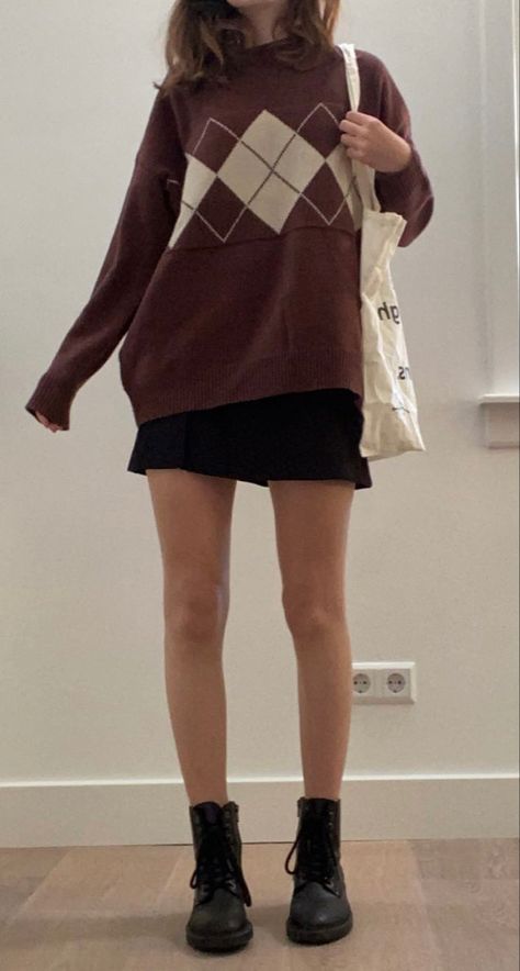 Dr Martens Ankle Boots Outfit, Dr Martens Skirt Outfit Winter, Downtown Skirt Outfits, Oversized Jumper And Skirt Outfit, All Too Well Sweater, Mini Skirt And Jumper Outfit, Brown Argyle Sweater Outfit, Downtown Girl Skirt Outfits, Brown Boots Outfit Ankle