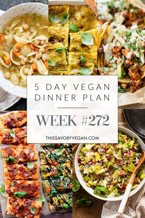 5 simple and delicious vegan dinner recipes plus a grocery list to help inspire your menu! Vegan Weekly Meal Plan, Enchiladas Bake, Vegan Dinner Ideas, Dinner Planning Weekly, Vegan Pepperoni, Cheesy Chicken Enchiladas, Vegan Beef, Enchilada Recipe, Easy Vegan Dinner