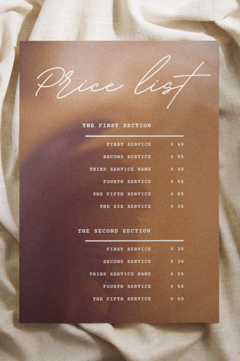 Brown Price List Template, Aesthetic Small Business Price List, Canva Editable Price Sheet, Electronic Pricing Guide, Beauty Salon, Spa Gym Price List Design, Price List Layout, Layout Editoriale, Small Business Price List, Bloxburg Cafe, Aesthetic Small Business, Price List Design, Spa Menu, Spa Prices