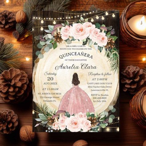 Quinceanera Rustic Blush Floral Enchanted Forest Invitation - tap to personalize and get yours #Invitation #quincea&241;era #15th #birthday #invitation, #mis Enchanted Forest Invitations, Enchanted Forest Theme Quinceanera, Enchanted Forest Invitation, Rustic Quinceanera, Quinceanera Invites, Enchanted Forest Quinceanera Theme, Brown Wood Background, Quince Centerpieces, Enchanted Forest Quinceanera