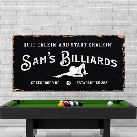 PRICES MAY VARY. Museum-Grade Quality - This Premium Gallery-Wrapped Canvas Billiards Sign Wall Art; No sagging, dents, accidental rips; Printed using UV-Resistant Ink with a neatly folded edge to complete that Rustic Billiards Décor look! Hassle-Free - This Billiards Sign Home Decoration Comes with Ready-to-Hang Hooks; Water-resistant wall decor print; Cleans easily using a damp cloth. This billiard room accessories is perfect for your play area or game room. Made in Florida - 100% produced in Hall Wall Art, Pool Hall, Eight Ball, Bar Outdoor, Pool Halls, Bar Displays, Pool Rooms, Custom Bar, Billiard Room