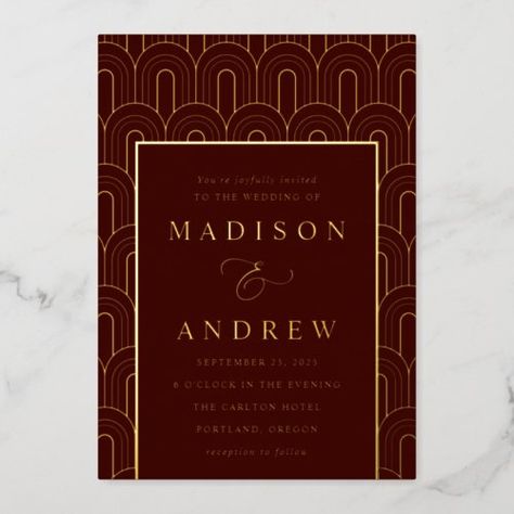 $3.95 | Modern Arch Deco Burgundy and Gold Wedding #wedding, art deco, modern, gold foil lettering, gold foil art deco, elegant, vintage, formal, arch, burgundy Modern Art Deco Wedding Invitations, Burgundy And Gold Wedding, Modern Art Deco Wedding, Art Deco Wedding Invitation, Deco Wedding Invitations, Arch Pattern, Art Deco Wedding Invitations, Gold Foil Art, Modern Deco