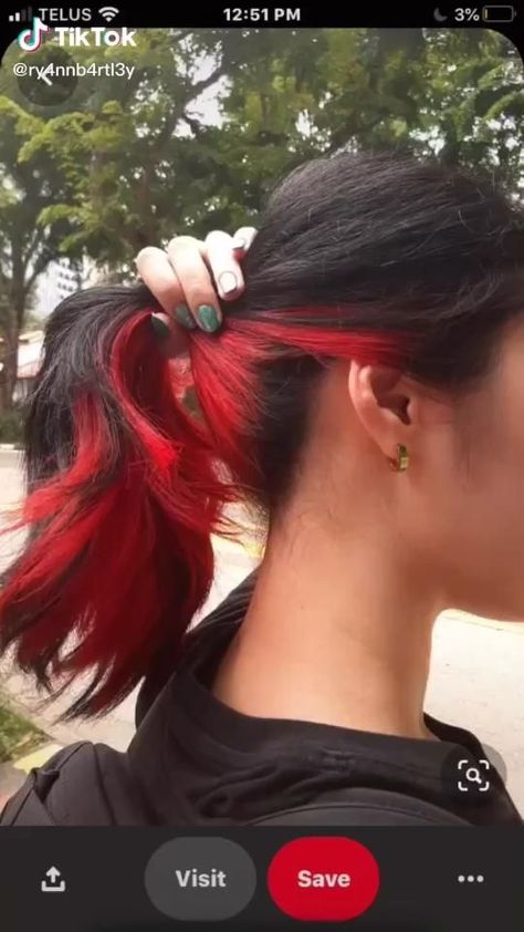 Under Hair Dye Ideas For Black Hair, Behind Hair Dye, Hair Color Ideas For Brunettes Under Dye, Under Red Hair Dye, Underlayer Hair Color Red, Red Hair Under Black, Red Under Dye Hair, Under Hair Dye Brunette, Under Dyed Hair Red