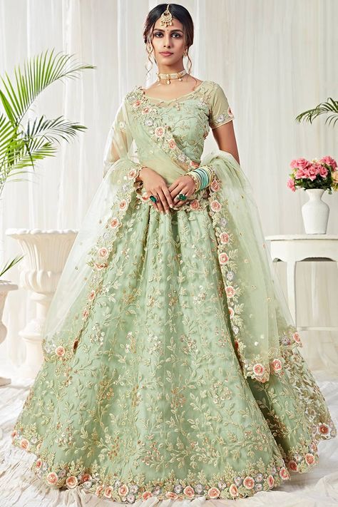 Green Lengha, Nikkah Outfit, Engagement Looks, Green Lehenga Choli, Pista Green, Reception Outfit, Party Wear Lehenga Choli, Green Lehenga, Net Lehenga