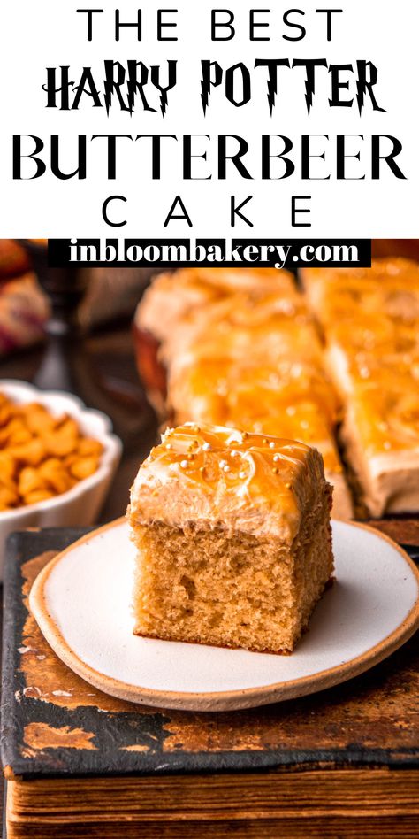 Harry Potter Feast Ideas, Butter Beer Desserts, Butter Beer Cake Recipe, Harry Potter Themed Cookies, Harry Potter Meals, Butterbeer Pie, Butter Beer Cake, Butterbeer Cake Recipe, Butterscotch Buttercream