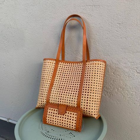 Bundle Handmade Tote Bag Rattan Cane and Leather with Rattan Leather Wallet by ArtheaBali on Etsy Cane Bags, Weaving Bag, Handmade Tote Bag, Rattan Cane, The Click, Wicker Bags, Handmade Tote, Tote Bags Handmade, Chic Look