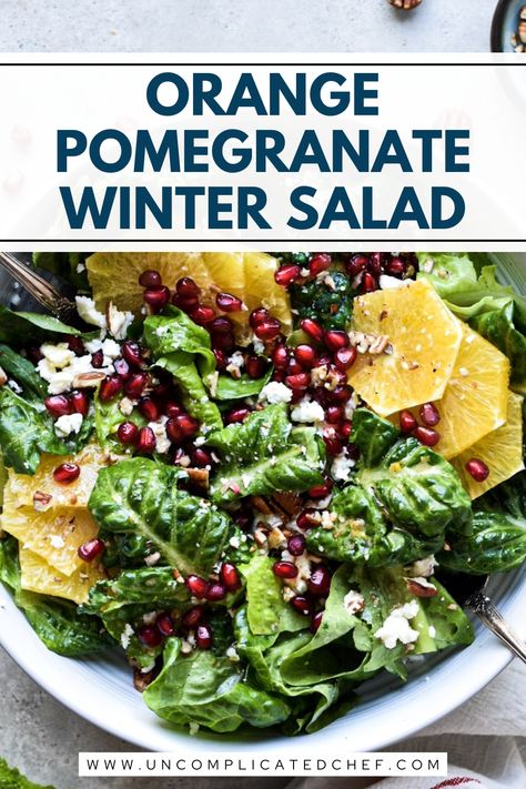 AN image of Orange-Pomegranate Winter Salad on a white plate Christmas Salad With Orange Vinaigrette, Carrot Pomegranate Salad, Christmas Salad With Mandarin Oranges, Lettuce Pomegranate Salad, Kale And Pomegranate Salad Recipes, Orange And Pomegranate Salad, Salad Recipes For A Party, Citrus Pomegranate Salad, Winter Orange Salad