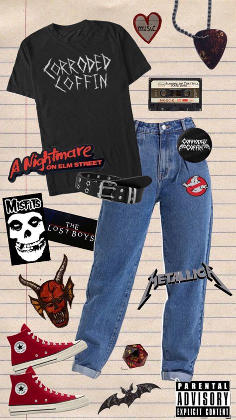 🎸🎧🦇#corrodedcoffin#themisfits#metallica#horrormovies#strangerthings#hellfireclub#eddiemunson#outfitinspo Metallica Inspired Outfits, Metallica Shirt Outfit, Metallica Shirt Aesthetic, Metallica Merch, Metallica Sweatshirt, Thrift Ideas, Rockstar Girlfriend, Pinterest Wardrobe, 2000s Cartoons