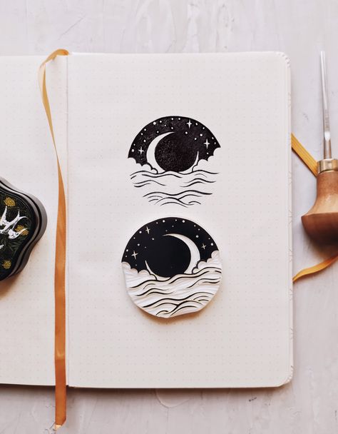 Rubber Stamp Design Ideas, Stamp Carving Ideas, Print Making Ideas, Moon Linocut, Linoleum Carving, Rubber Stamp Design, Moon Scenery, Moon Stamp, Halloween Stamps