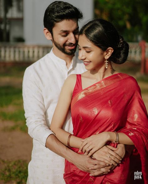 Couple Saree Poses, Bengali Pre Wedding, Couple Poses In Saree, Poses In Saree, Engagement Looks, Saree Pose, Kerala Bride, Simple Saree Designs, Eden Park